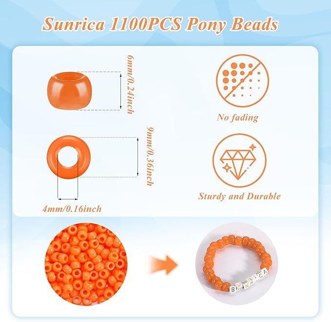 sunrica 1100pcs orange pony beads 6x9mm large hole plastic beads for kandi, hair braids, keychains, friendship bracelets
