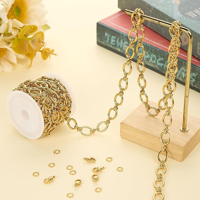 2 Meters Gold Chain for Jewelry Making Stainless Steel Oval Rolo Jewelry Making Chains with Lobster Clasps and Jump Rings