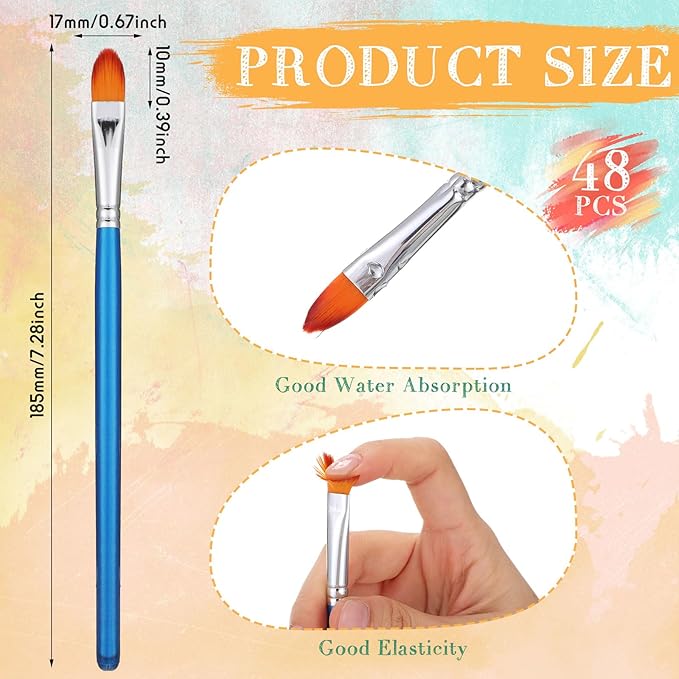 Sherr 48 Pcs Paint Brush Set Bulk Acrylic Brush Wood Paint for Detail Art Crafts Kids Artist Adult Watercolor Oil Face Body(0.7 Inch,Filbert Style)