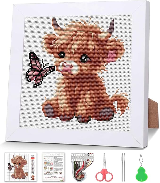 Cross Stitch Kits For Adults Beginners,Highland Cattle Stamped Cross Stitch Kits with Wooden Framed,Embroidery Kit For Beginners,Partial 11CT Cross-Stitch Arts and Crafts For Adults 7.9x7.9inch