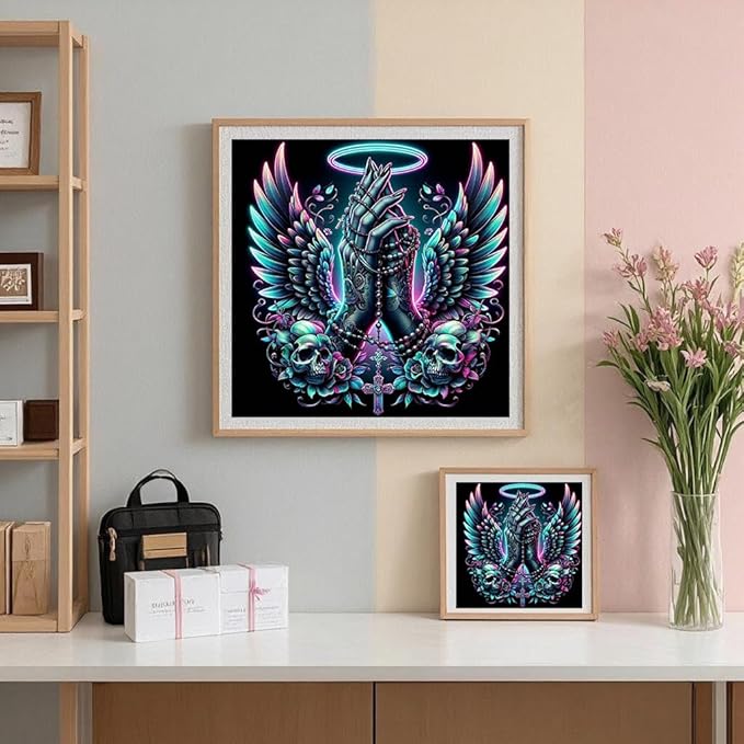 ijbnhd Angel Hand Diamond Art Kits for Adults, Angel Wings Diamond Painting Kit for Beginners, Full Drill Round Christ Cross Gem Art Craft Kits for Home Wall Decor 14x14 Inch
