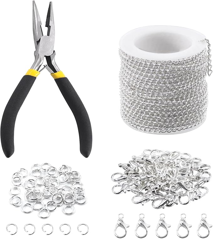 Keadic 102Pcs 30 Feet Jewelry Making Chains Kit W 3mm Metal Necklace Twisted Links Chain, Lobster Clasps, Open Jump Rings and Jewelry Pliers for Bracelet Earring Anklet DIY (Silver)