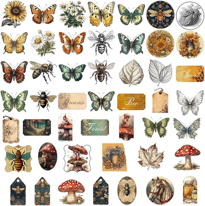 50Pcs Waterproof Vintage Stickers, Scrapbooking Supplies Kit,Aesthetic Decorative Craft Sticker for Planner, Bullet Journaling, Junk Journal, Water Bottles, Laptop, Retro Craft.Butterfly