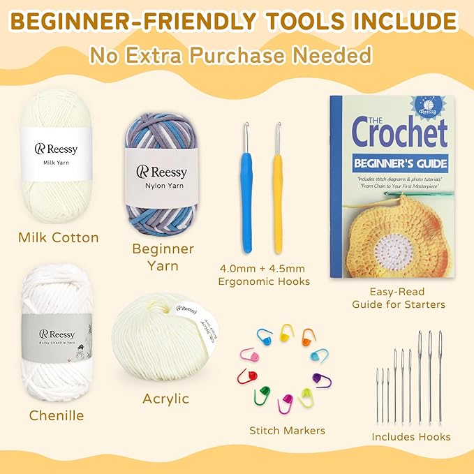 Reessy Crochet Yarn Kit for Beginners – 4 Yarns Sampler Pack (Acrylic, Cotton, Velvet Chenille, Beginner Yarn) with Hooks & Accessories – All-in-One Crochet Starter Kit for Beginners Adults (B)