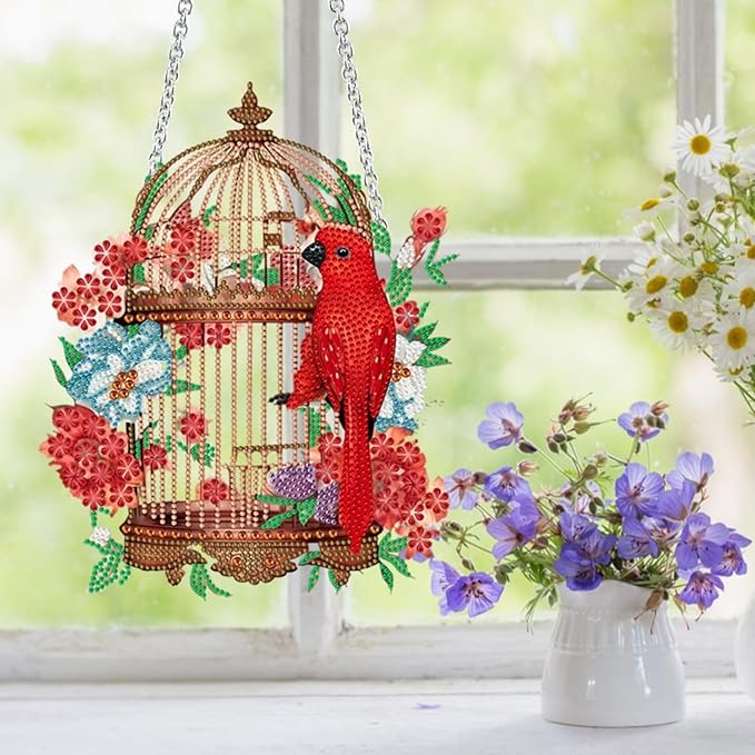 Flower Birdcage Design DIY Diamond Art Painting Wreath Kits Special Shaped Rhinestone Diamond Art Window Pendants Home Garden Wall Hanging Kits (Single Side Point Drill) (#11-Cat) (#04-Bird)