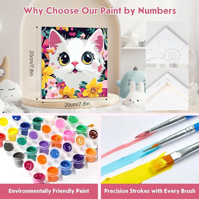 NEWENMO 4 Pack Paint by Numbers Kit for Kids Beginner with Wooden Frame, Cute Kawaii Sweet Cartoon Cat, Paint by Numbers Kit for Adults, Adorable Kitten, DIY Painting Kits for Home Wall Decor 8x8inch