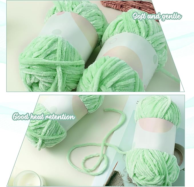 Amylove 6 Rolls Soft Velvet Chenille Yarn for Crocheting 1182 Yards Polyester Blanket Fuzzy Thick Yarn for DIY Knitting Bulky Weaving Crafts, 197 yd, 3.53 oz Each Roll(Light Green)