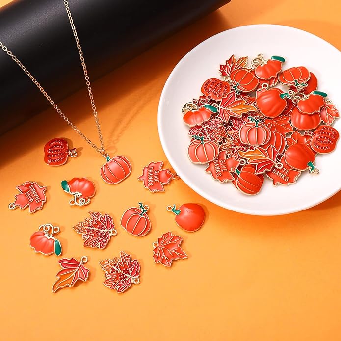 40/50PCS Fall Charms for Jewelry Making, Thanksgiving Pumpkin Maple Leaf Turkey Pendant Charms for DIY Autumn Bracelet Necklace Earrings Crafts