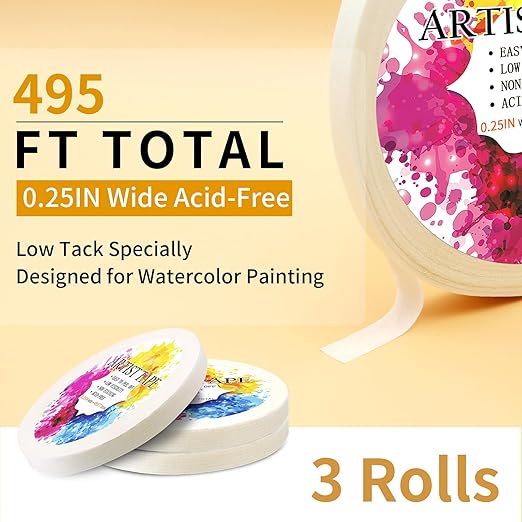 Low Tack White Artist Tape for Watercolor Paper Drafting Art Masking Tape Acid Free Painter Watercolor Tape for Painting Canvas Framing, 0.25 inch Wide 495FT Long Total