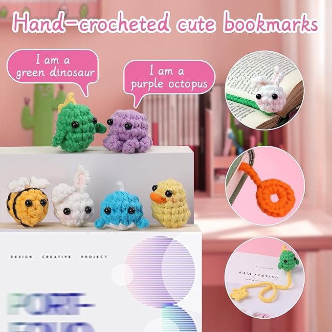 Kogyxe Crochet Kit for Beginners, Crochet Bookmark Kit with Step-by-Step Video Tutorials, Crochet Starter Kits for Beginners Decoration Readers Book Lovers, Animal Bookmarks (40%+ Yarn)