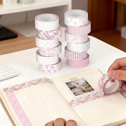 12 Rolls Watercolor Floral Washi Tape Set 15 mm Vintage Flower Decorative Masking Tape for Spring Arts DIY Craft Scrapbook Journal Supplies Gift Wrapping(Pink,Bows)