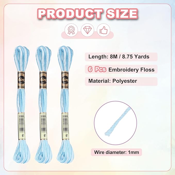 PATIKIL 6 Skeins Embroidery Floss, Polyester Embroidery Threads Bracelets String for Cross-Stitch Hand Embroidery, Light Blue
