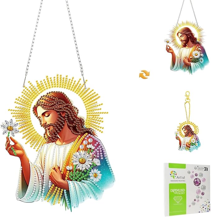 Masendp Easter Diamond Painting Hanging Decor Kit, DIY Jesus Special-Shaped Rhinestone Window Hanging Kit, Suitable for Home and Garden Wall Decoration Gifts