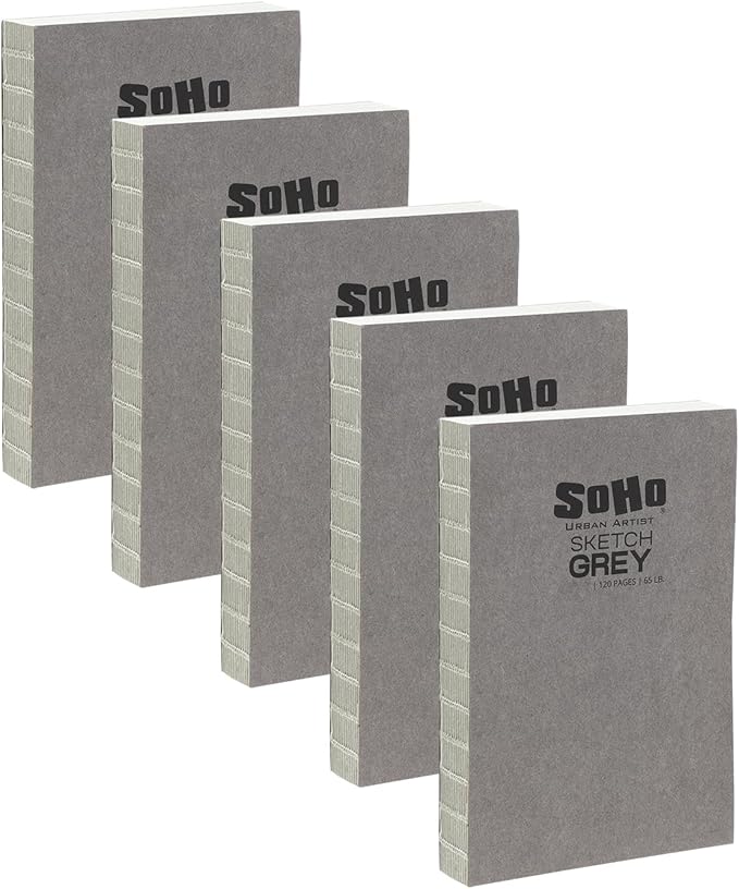 SoHo Urban Artist Open Bound Sketch Pads 5 Pack - Grey - 11x14 - Open Coptic Bound Sketch Pads for Drawing, Calligraphy, Any Dry Media, & More - 600 Sheets Total