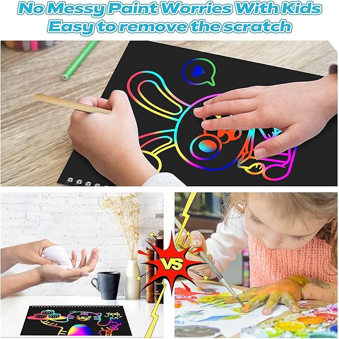 smasiagon valentines gifts for kids - scratch paper art set: 2 pack notebooks arts supplies and crafts for kids ages 3 4 5 6 7 8 9 10 girls boys toys easter basket stuffers birthday party favor games