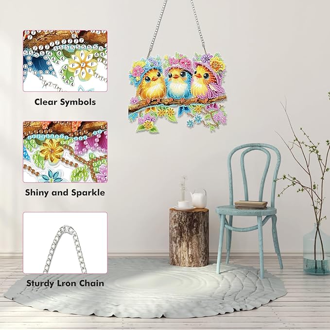 Miwixy Three Birds Hanging Diamond Art Kits for Adults,Colorful Flowers Special Shaped Crystal Diamond Painting Ornament DIY Double-Sided Pattern Window Pendant Gem Art Kit for Home Wall Decor
