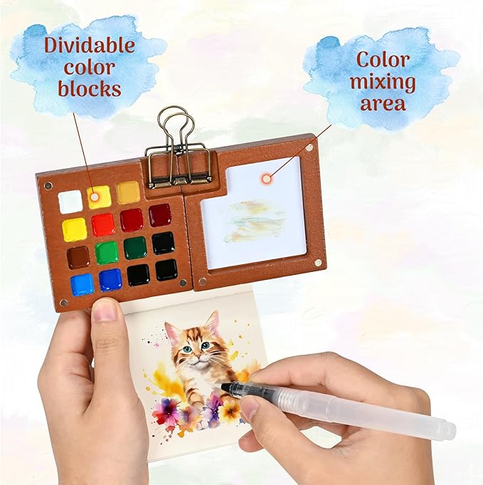 Mini Watercolor Paint Set,Portable mini Travel Watercolor kit, Pocket Watercolor Set with Paint,Art Supplies, for Artists, Amateur Hobbyists and Painting Lovers(12 Colors 15 Grids)