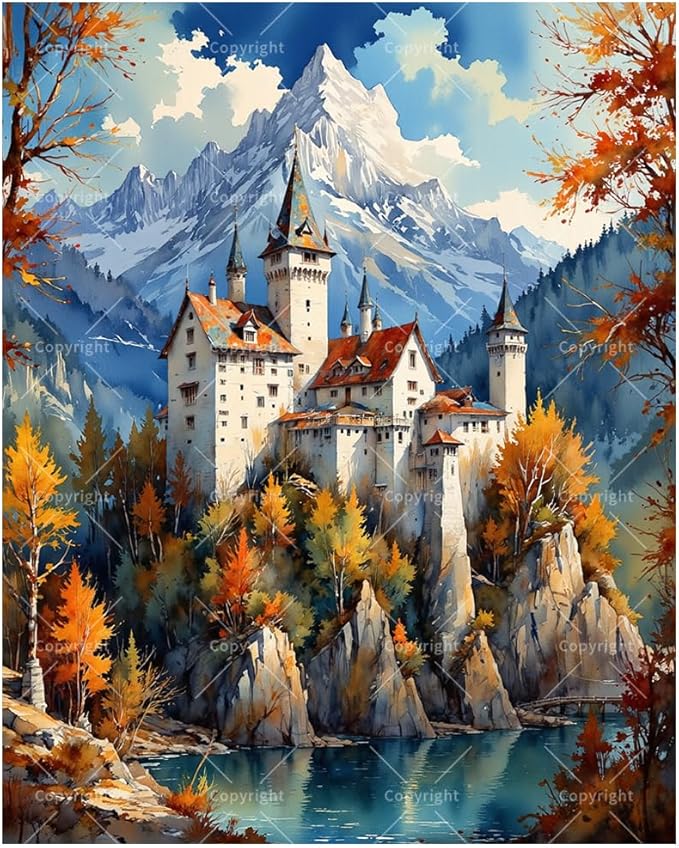 Fantasy Architecture Paint by Numbers Kit for Adults - DIY Castle in Autumn Mountains Painting on Canvas, Acrylic Paint Set, Suitable for Beginners, Art for Home Decoration or Gifts(12X16IN Framed)