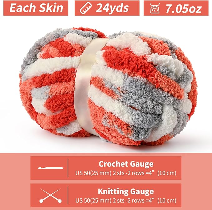 10 Pack Jumbo Chunky Yarn for Hand Knitting, Fluffy Chunky Chenille Yarn for Crocheting, Variegated Chunky Knit Baby Blanket Yarn, 240 yds /70.5 oz Super Bulky Yarn（White-Grey-Orange）