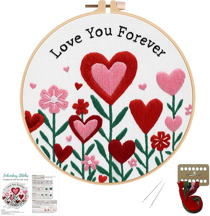 Nuberlic Valentine Embroidery Kit for Beginners - Heart Floral Design Adults Starter Cross Stitch Kit DIY Needlepoint with Hoop, Pre-Printed Fabric, Threads & Step-by-Step Guide