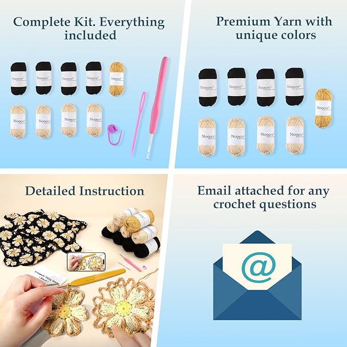 Noocro Crochet Kit for Intermediate or Advanced Levels, Complete Craft Kit for a Floral Daisy Shawl with Step by Step Video Tutorials Detailed Instructions, Perfect Holiday Gift or DIY Project (Black)