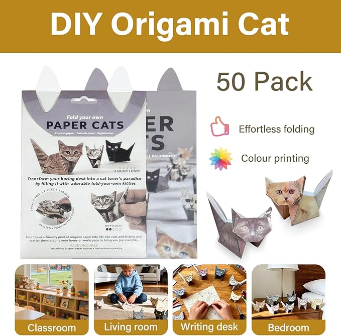 DIY Origami Paper Cats Kit - Creative Cat Gift for Cat Lovers, Fold Your Own 3D Origami Paper Cats, Fun & Relaxing Craft for Adults &Teens, Charming Handmade Desk Decoration (50 Sheets)