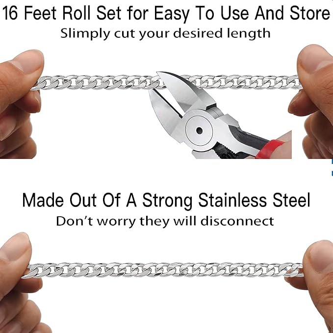 jishi 16ft cuban link chain roll 6mm silver stainless steel necklace chains for jewelry making, diy necklace bracelet crafts supplies findings, metal cuban link chain w/lobster clasps, jump rings