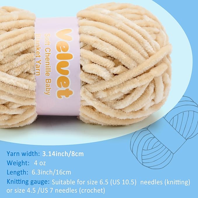 Velvet Yarn Chenille Yarn for Crocheting and Knitting Soft Chenille Bulky Baby Blanket Yarn DIY Weaving Craft 8pack Beige(4oz 66yds Each)