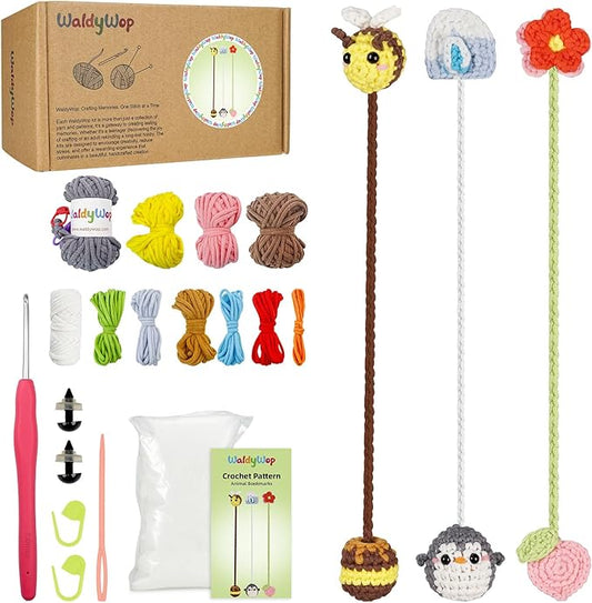 WaldyWop Crochet Kit for Beginners: 3 Animal & Flower Bookmarks Knitting Kits for Starter w/Easy Yarn, Crochet Hook&Easy Video Tutorials-Wobbles Crochet Animal Kit for Adults, Birthday Gifts for Women