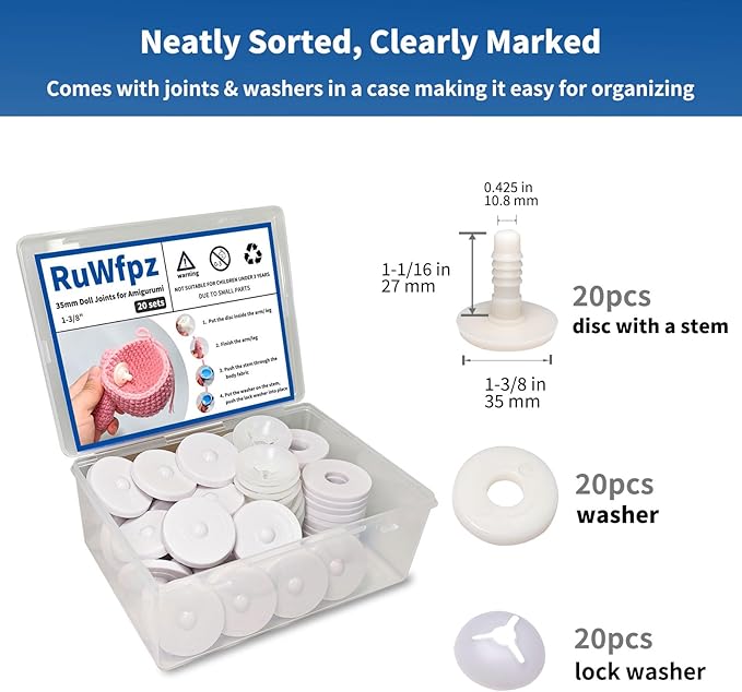 RuWfpz Doll Joints for Amigurumi Crochet 35mm 1-3/8" - 20 Set Jumbo Plastic Toy Safety Joints for Stuffed Animals, White Movable Amigurumi Crafts Teddy Bear Joints for Arm Leg Neck