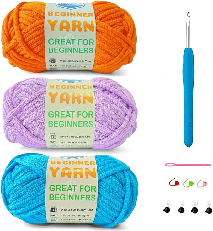 3 * 50g/1.76oz Yarn for Crocheting and Knitting, 3 * 60yds Beginner Yarn with Easy-to-See Stitches; Worsted-Weight Medium #4;Amigurumi-Friendly Crochet Kit(Blue+Orange+Purple)