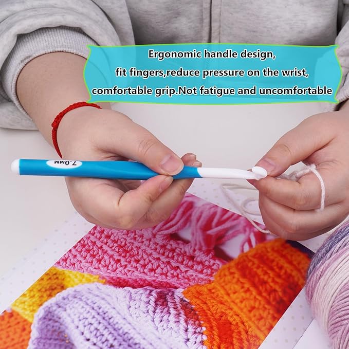 Hobekoee 7mm Crochet Hook,Extra Long Crochet Hooks with Soft Ergonomic Handle for Arthritic Hands,Multicolor Crochet Needles for Beginners and Experiencer