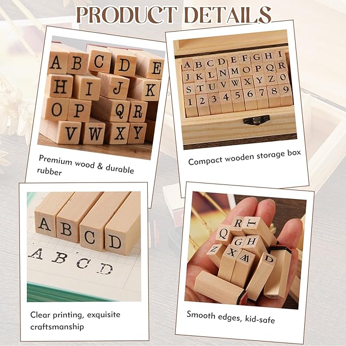 Letter Stamps 36 Pcs with Wooden Storage Box, Premium Alphabet Stamps Set for Crafting, Essential Rubber Letter Stamp Kit for Clay, DIY Cards & Scrapbooking