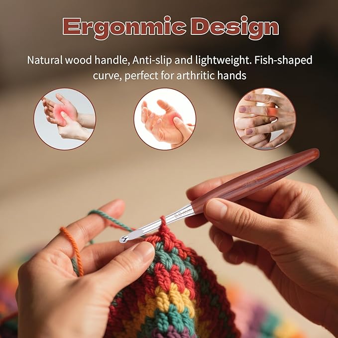 WAZAIGUR 9 Sizes Brown Wooden Smooth Grip Crochet Needles Beginner Kit Ergonomic Crochet Hooks Set with Case for Arthritic Hands (3.5mm-8mm)