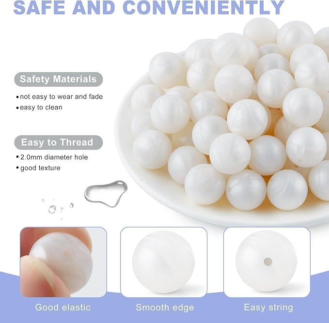 65Pcs 19mm Silicone Beads for Keychain Making Bracelet Necklace, Bulk Round Silicone Beads for Pens（Metall White）