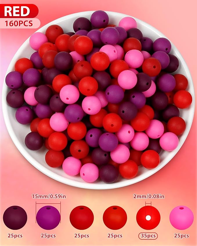 160pcs fiveizero 15mm silicone beads for keychain making - mixed color round rubber beads bulk, diy craft supplies for bracelets necklaces pens(red)