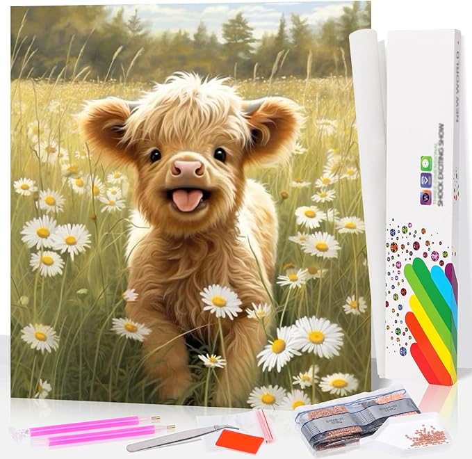 Fountor Cute Cow Diamond Art Kits for Adults, Highland Cow Diamond Painting Kits for Adults Beginners, DIY 5D Round Gem Art with Gift Box for Home Wall Decor 14x14 Inch