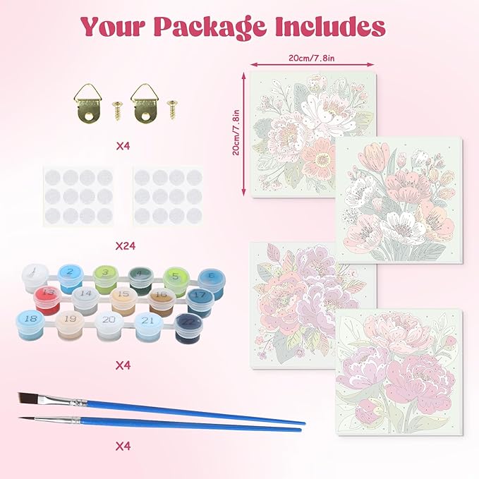 Lxmsja 4 Pack Colorful Peony Quartet Paint by Numbers Kit for Adults, Easy Framed Paint by Numbers for Adults Beginner, DIY Acrylic Oil Painting Craft Kits for Home Wall Decor 8x8 inch