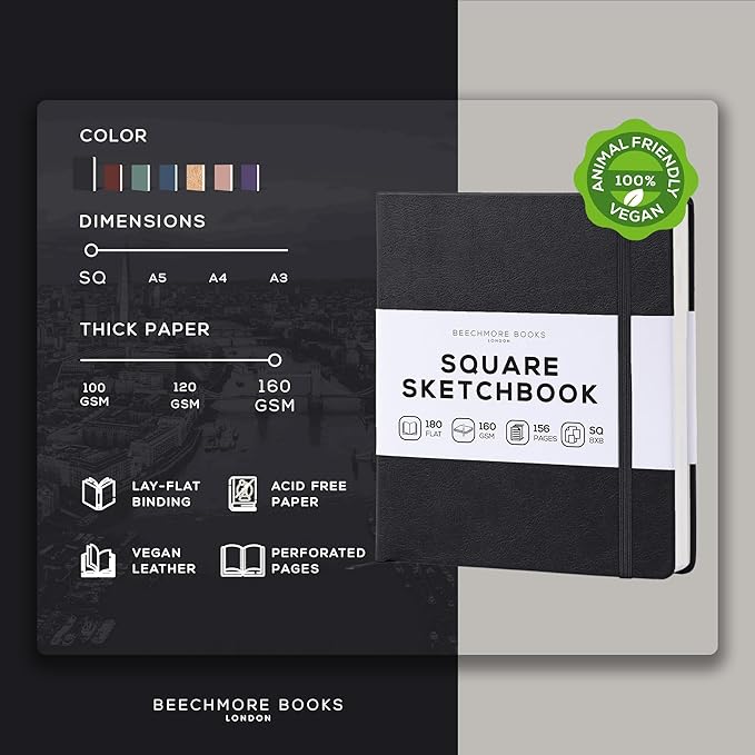 Beechmore Books Square Mixed Media Sketchbook - 8x8 Inch Professional Art Journal, 160 GSM / 98 lb Ivory Paper, Perforated Pages, Vegan Leather Hardcover, Lay-Flat Design for Drawing & Doodling