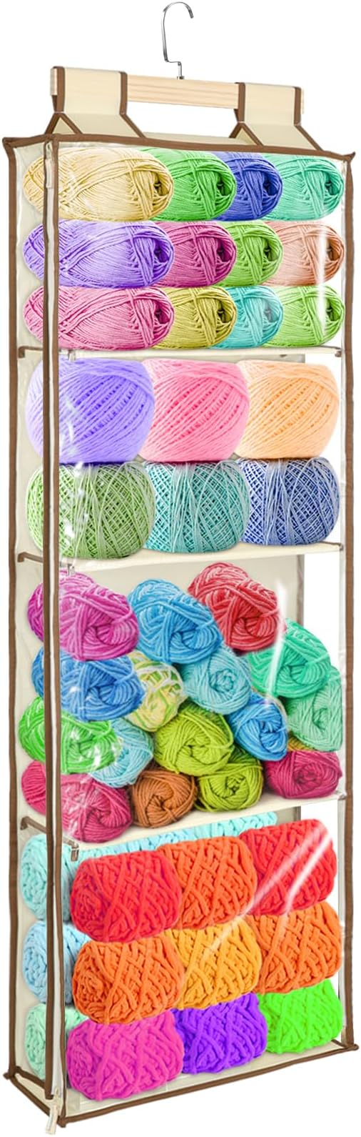 Clear Hanging Yarn Storage with 4 Large Pockets, 48"x17" Clear Knitting Organizer Storage with Zippers for Crochet Lovers, Hanging Yarn Holder with Over-Door Hooks for Knitting Needles Crochet Hooks