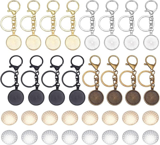 FREEBLOSS 16 Set Round Bezel Pendant Trays Blank Keychain Pendant Blank Frame for Embroidery Round Pendant Tray Charm DIY Jewelry Making Kit for Keychain DIY Embroidery Keychain Needlepoint
