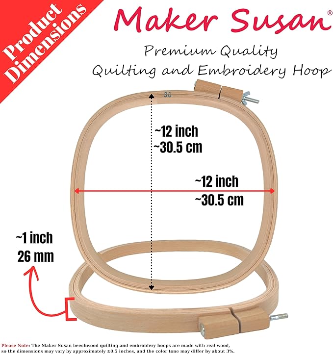 maker susan 12 inch x 12 inch (30.5 cm x 30.5 cm) square beechwood quilting hoop, beechwood cross stitch hoop with adjustment screw, embroidery hoop, quilting frames, suitable for embroidery (square)