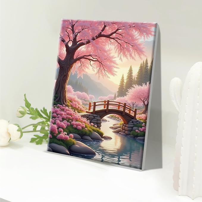 JOOZ Sakura Paint by Numbers Kit for Adults with Frame Landscape Paint by Number with Easel Lake Adult Paint by Number Kits Framed Canvas Mountain Oil Painting Kits for Home Wall Decor 8x12 Inch