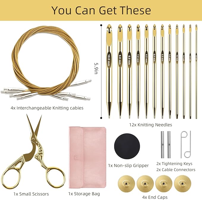 AIYUNDI Tunisian Crochet Hooks Set with Cable, 6-Inch Gold-Plated Aluminum Interchangeable Crochet Hooks 3mm-10mm, Long Crochet Hooks, Lightweight, Anti-Twist Swivel Cables, Ergonomic, Gold 26 PCS