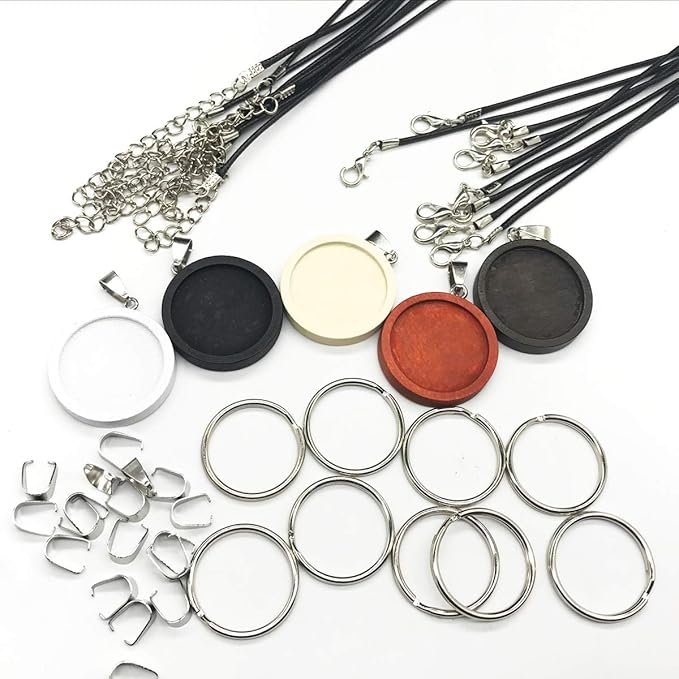 Allazone 45 PCS Wooden Pendant Trays 25 MM 5 Colors Round Pendant Cabochon Craft Bases for DIY Jewelry Gift Making