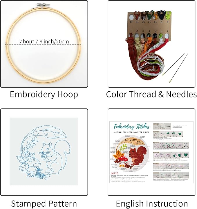 Louise Maelys Animal Embroidery Kits for Beginners with Autumn Squirrel Pattern,Adults Starter Cross Stitch Kit DIY Needlepoint
