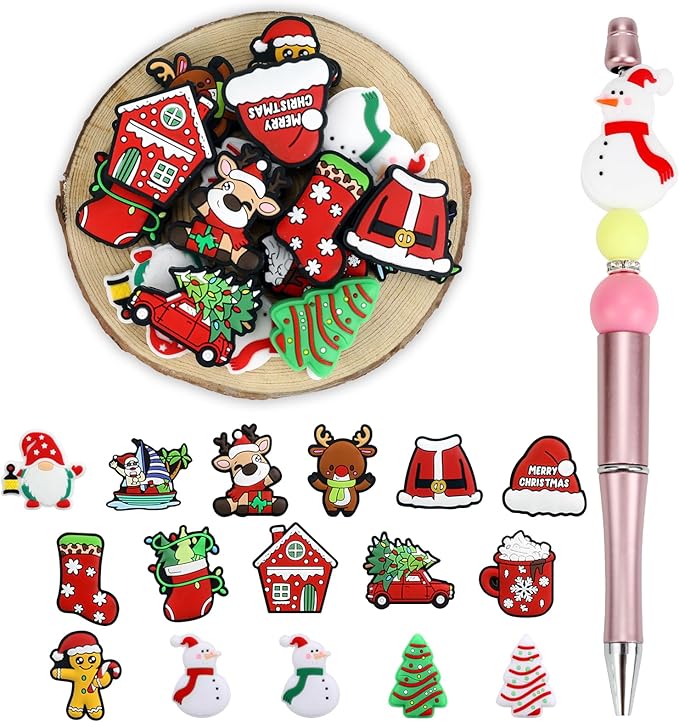 16PCS Christmas Silicone Beads for Pens, 16Pcs Silicone Focal Beads for Keychain Making DIY Handicraft（Christmas ）