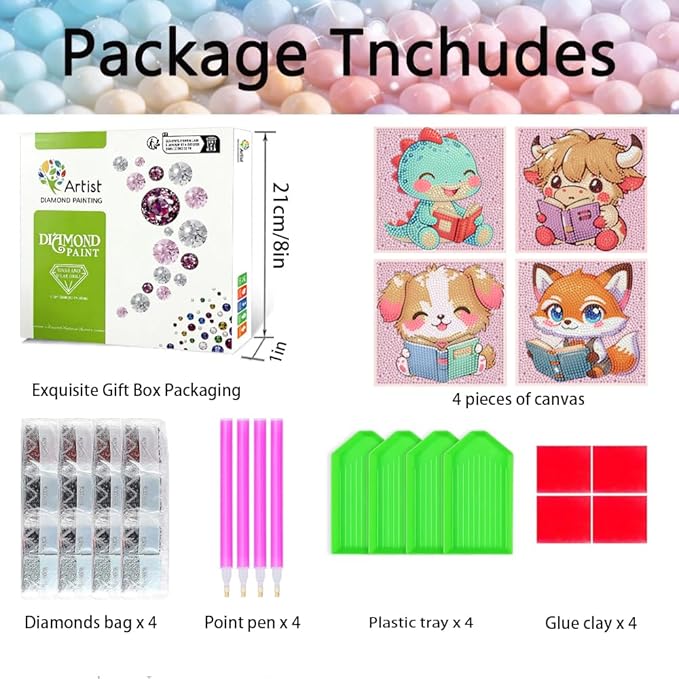 Tiwabb 4 Pack 5D Box Diamond Art Kits for Kids Ages 8-12,Cute Animals Reading Diamond Painting for Kids Beginners,Full Drill Gem Art for Kids DIY Crafts for Girls 8-12,for Home Decor 7x7 Inch