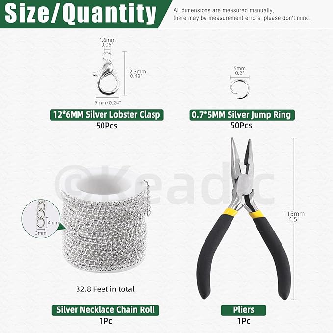 Keadic 102Pcs 30 Feet Jewelry Making Chains Kit W 3mm Metal Necklace Twisted Links Chain, Lobster Clasps, Open Jump Rings and Jewelry Pliers for Bracelet Earring Anklet DIY (Silver)