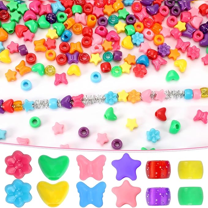 UPINS 1200 Pcs Colored Shaped Pony Beads -Large Perforated Assorted Heart Flower Star Butterfly Beads for Pipe Cleaners Friendship Bracelets Necklace for Classroom Crafts Screen-Free Fun for Kids